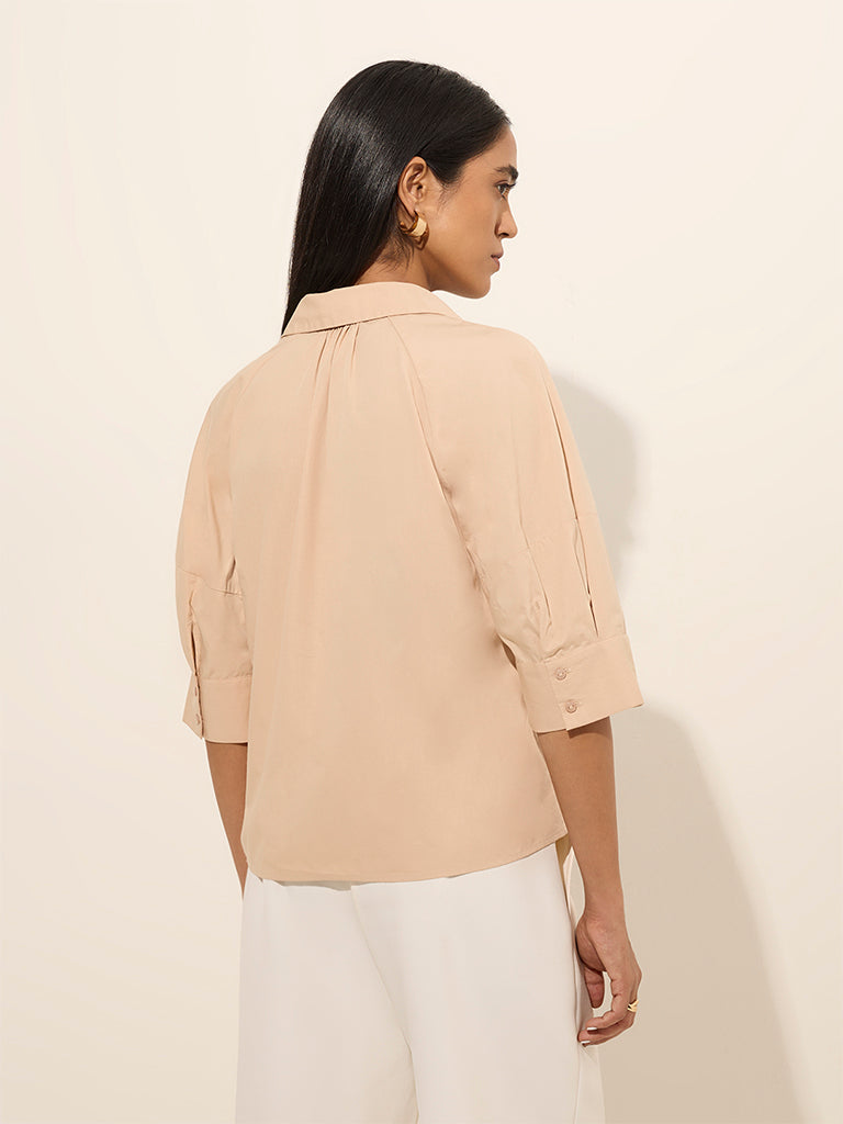 Wardrobe Light Beige Solid Cotton Blouse
