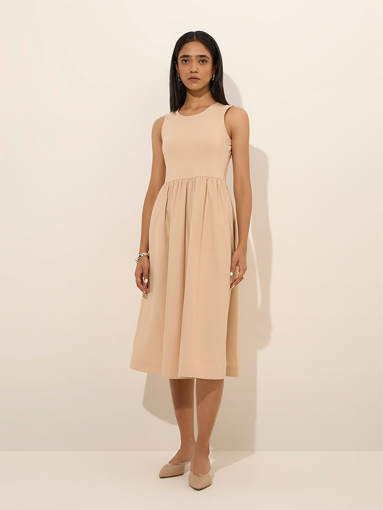 Westside Wardrobe Women's Light Beige Solid A-Line Cotton Dress for Work Wear Front View