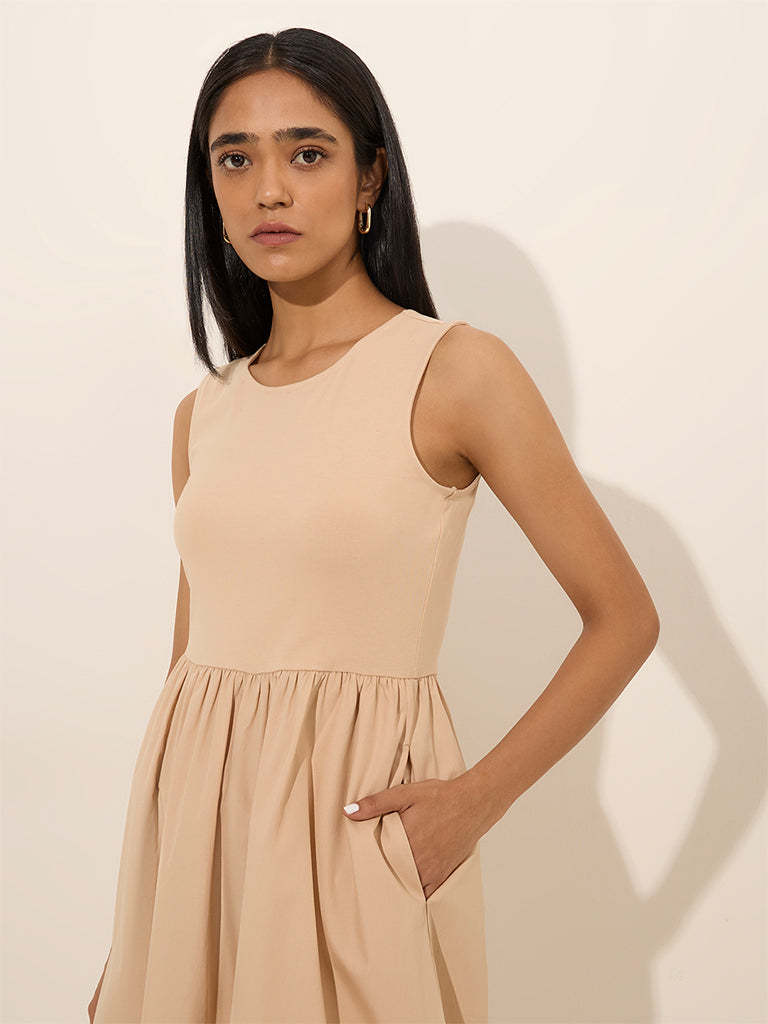 Westside Wardrobe Women's Light Beige Solid A-Line Cotton Dress for Work Wear Zoomed View