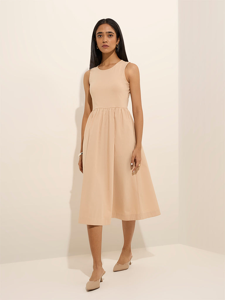 Westside Wardrobe Women's Light Beige Solid A-Line Cotton Dress for Work Wear Full View