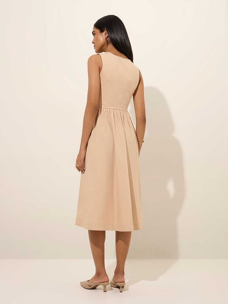 Westside Wardrobe Women's Light Beige Solid A-Line Cotton Dress for Work Wear Back View