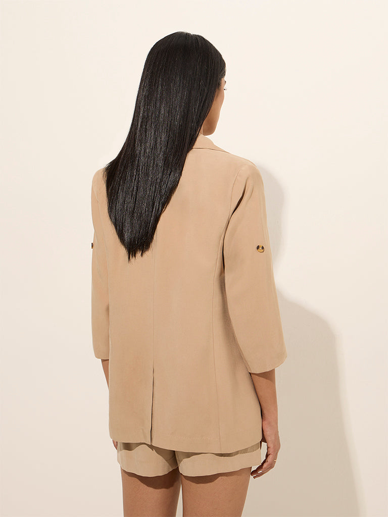 Westside Wardrobe Women's Beige Solid Blazer for Work Wear Back View