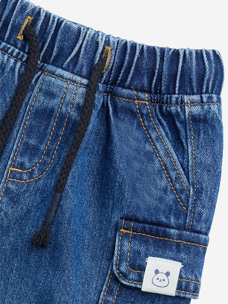 Westside HOP Baby Boy's Blue Cargo-Style Mid-Rise Denim Joggers for Casual Wear Zoomed View