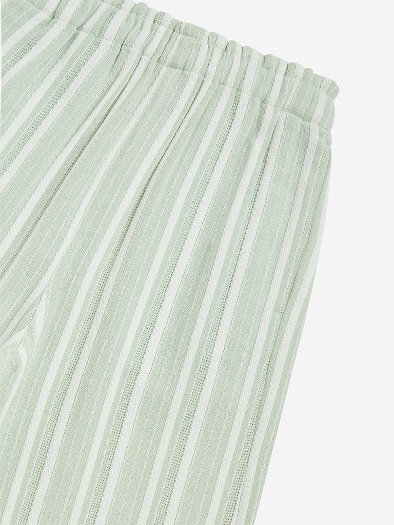 Westside Y&F Girl's Sage Striped Mid-Rise Cotton-Blend Pants for Casual Wear Zoomed View