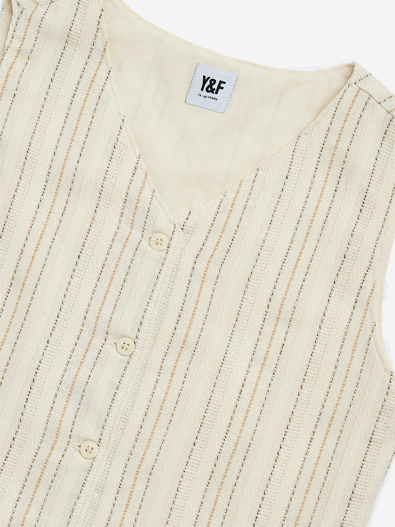 Westside Y&F Girl's Beige Striped Cotton-Blend Waistcoat for Casual Wear Zoomed View