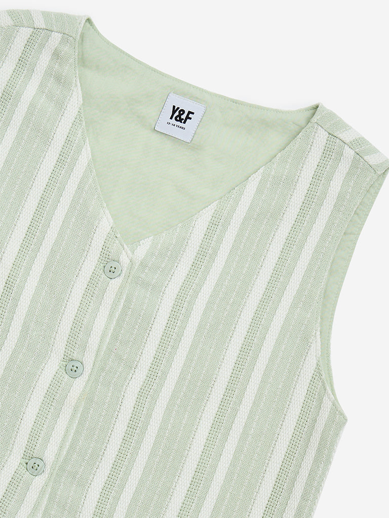 Westside Y&F Girl's Sage Striped Cotton-Blend Waistcoat for Casual Wear Zoomed View