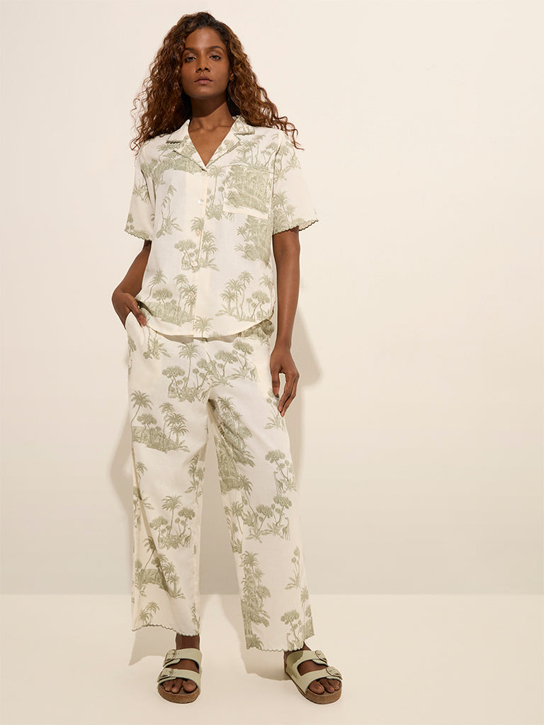 Wunderlove Green Botanical Printed Cotton Pyjamas Set