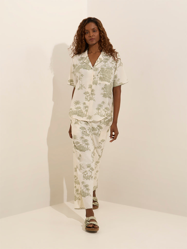 Wunderlove Green Botanical Printed Cotton Pyjamas Set