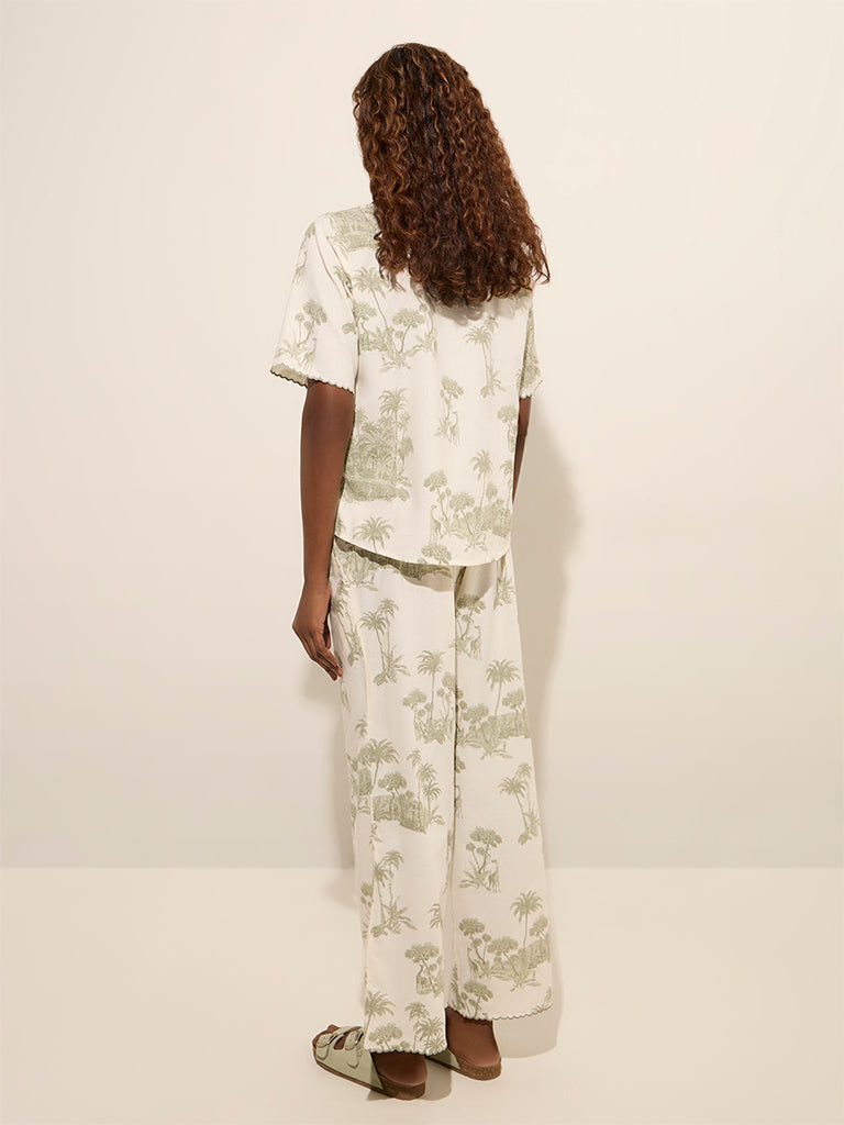 Wunderlove Green Botanical Printed Cotton Pyjamas Set