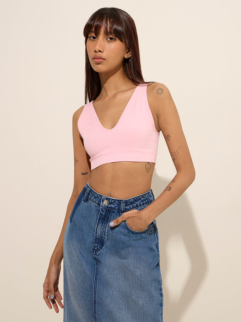 Superstar Light Pink Ribbed Padded Sports Bra