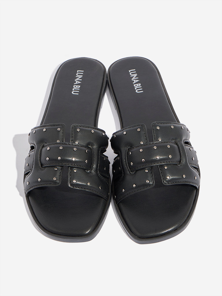 Westside LUNA BLU Women's Black Stud-Detailed Slides for Casual Wear Zoomed View