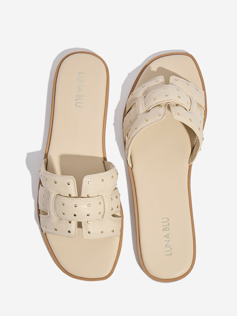 Westside LUNA BLU Women's Beige Stud-Detailed Slides Top View