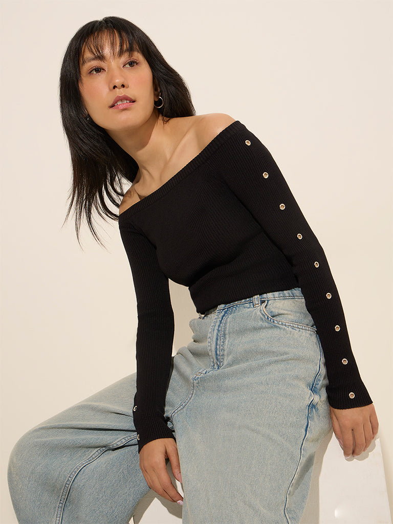 Westside Nuon Women's Black Ribbed Off-Shoulder Crop Top for Casual Wear Front View