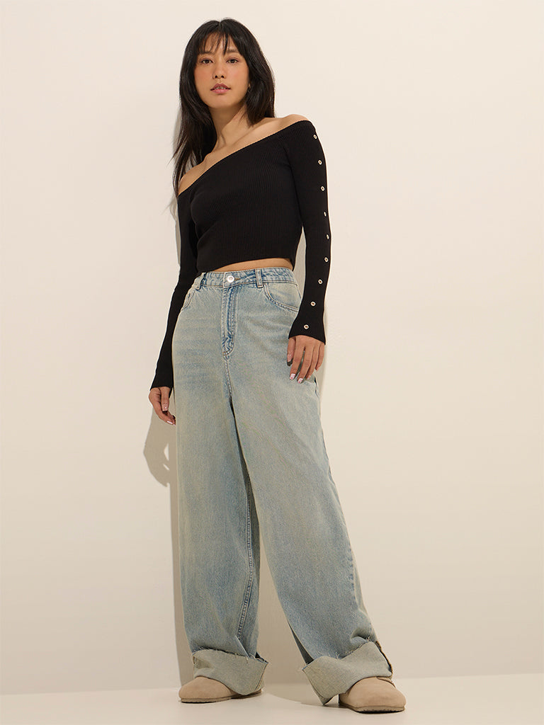 Westside Nuon Women's Black Ribbed Off-Shoulder Crop Top for Casual Wear Full View