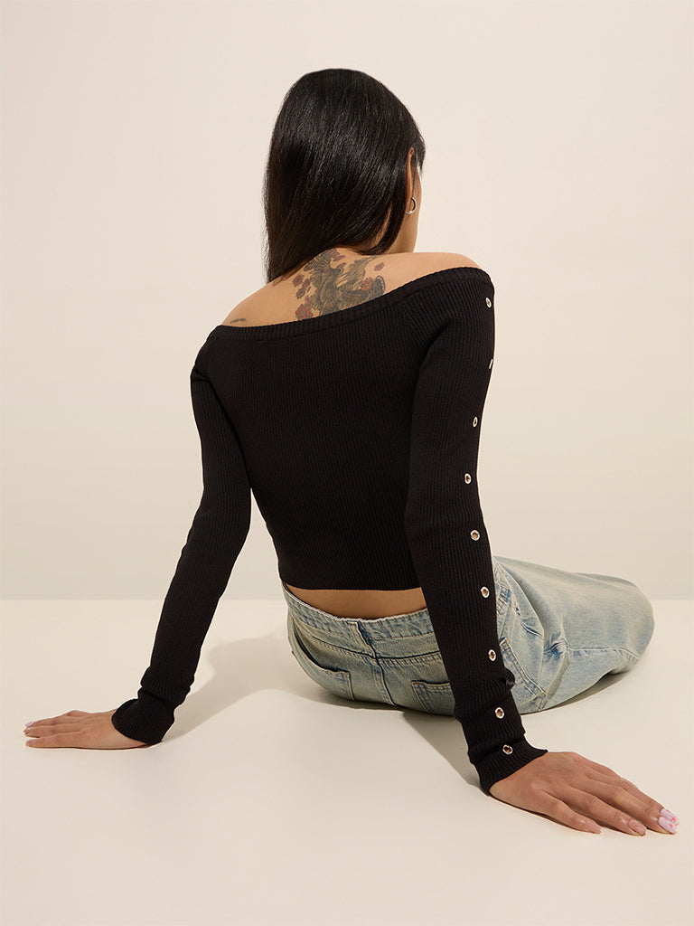 Westside Nuon Women's Black Ribbed Off-Shoulder Crop Top for Casual Wear Back View