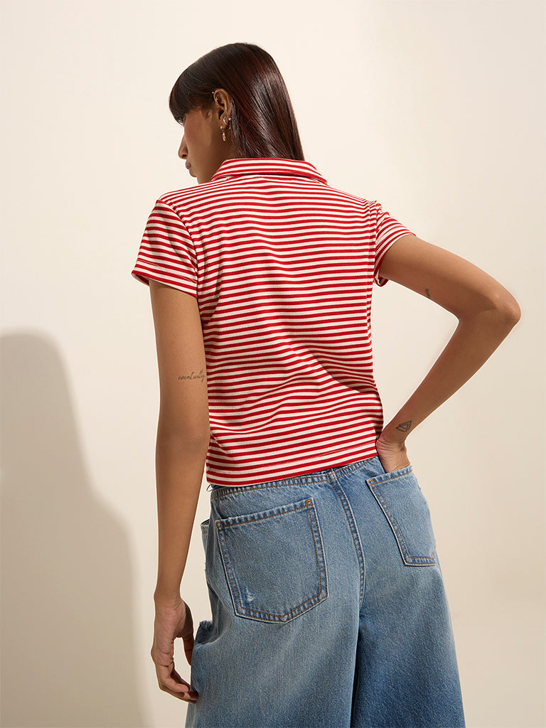 Westside Nuon Women's Red Striped and Ribbed Cotton-Blend T-Shirt for Casual Wear Casual Wear Back View