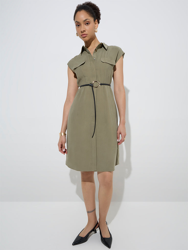 Westside Wardrobe Women's Olive Shirt Dress with Belt for Work Wear Front View