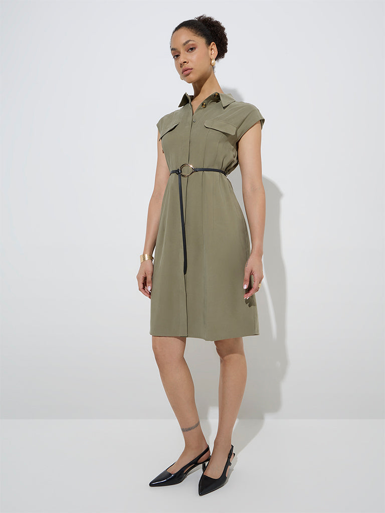 Westside Wardrobe Women's Olive Shirt Dress with Belt for Work Wear Full View