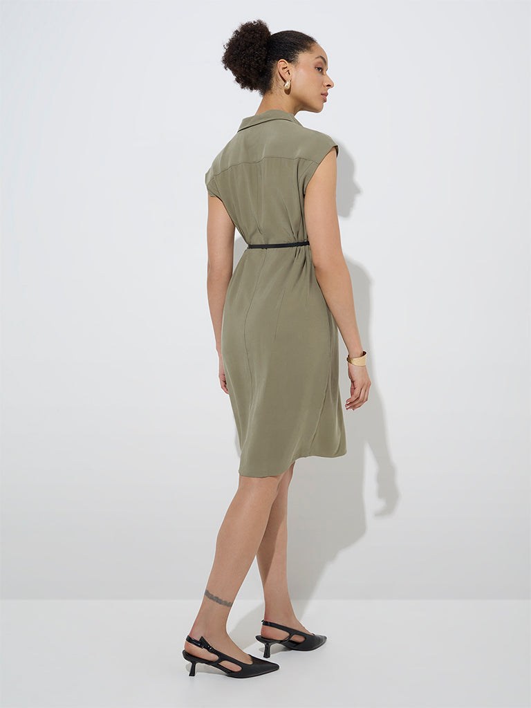 Westside Wardrobe Women's Olive Shirt Dress with Belt for Work Wear Back View