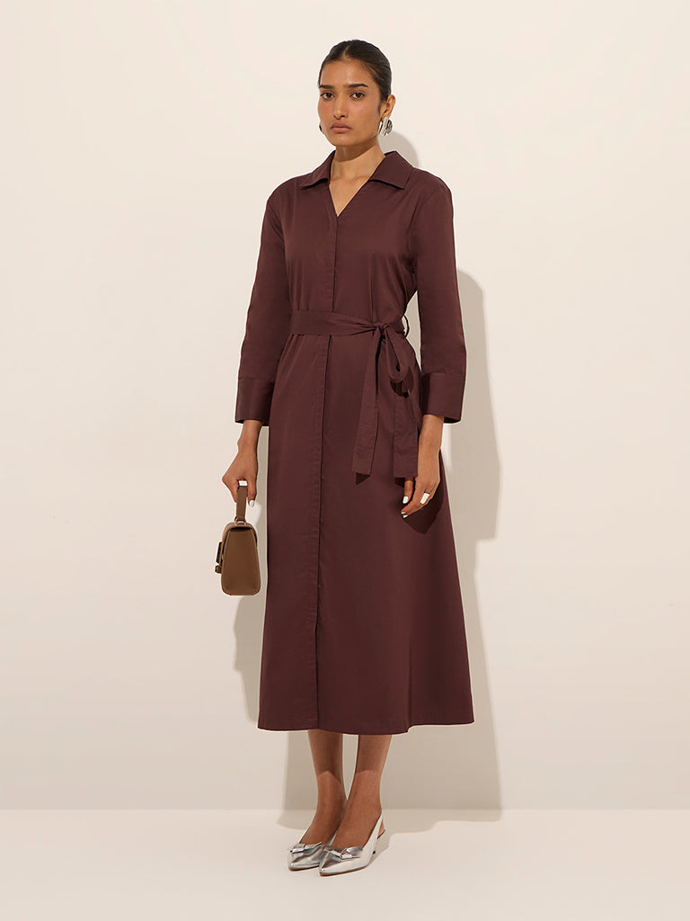 white shirt dress with brown belt White Cotton Shirt Dress With Belt: Elegant Office Midi Dress, Womens Clothing Dresses