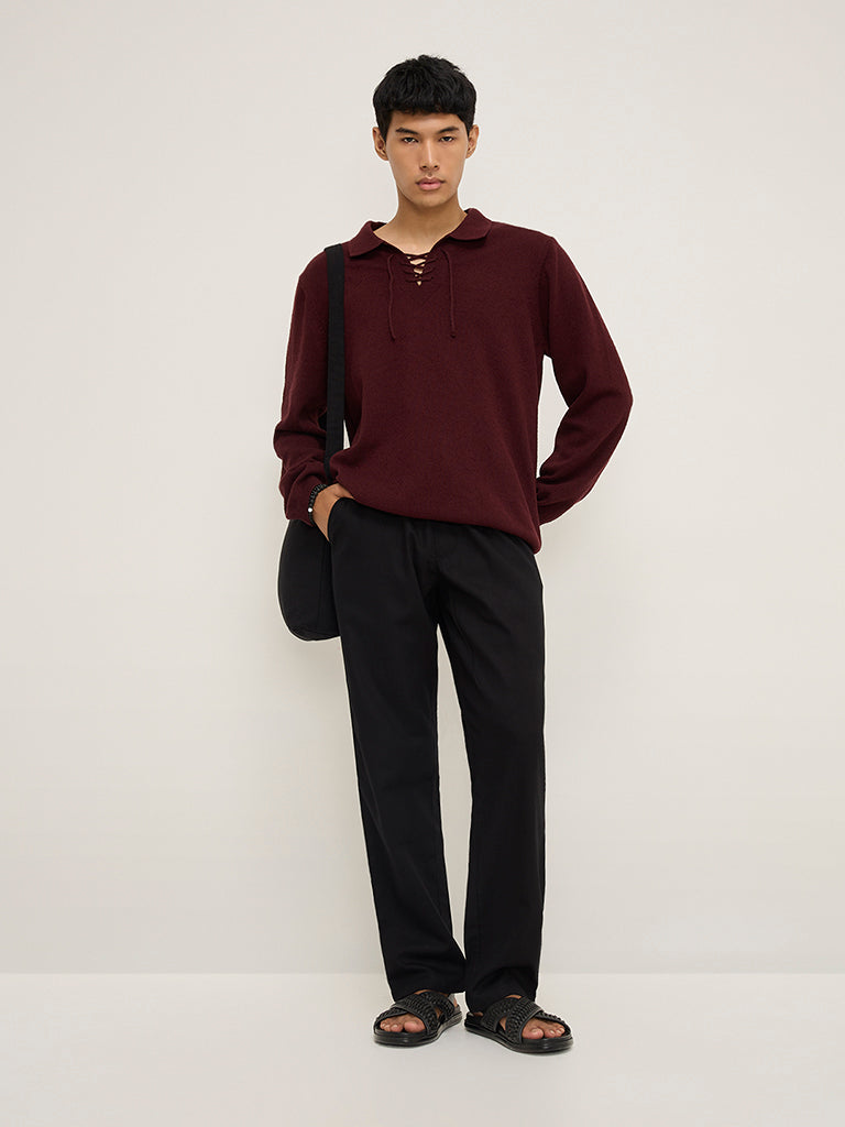 Westside ETA Men's Black Solid Relaxed-Fit Mid-Rise Cotton Chinos for Casual Wear Full View