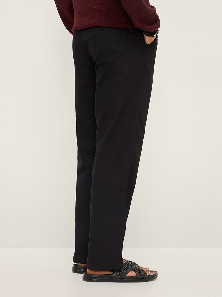 Westside ETA Men's Black Solid Relaxed-Fit Mid-Rise Cotton Chinos for Casual Wear Back View