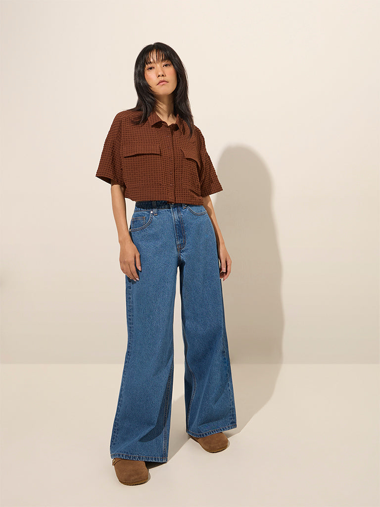 Westside Nuon Women's Brown Waffle-Textured Crop Shirt for Casual Wear Full View
