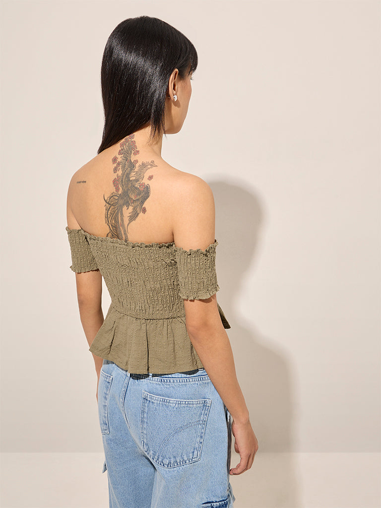 Westside Nuon Women's Olive Smocked Design Top for Casual Wear Back View
