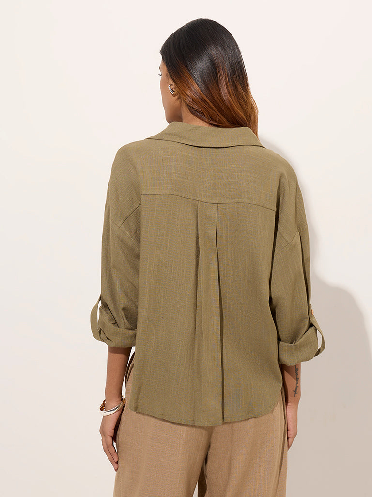 Westside LOV Women's Khaki Knot-Design Linen-Blend Shirt for Casual Wear Casual Wear Back View