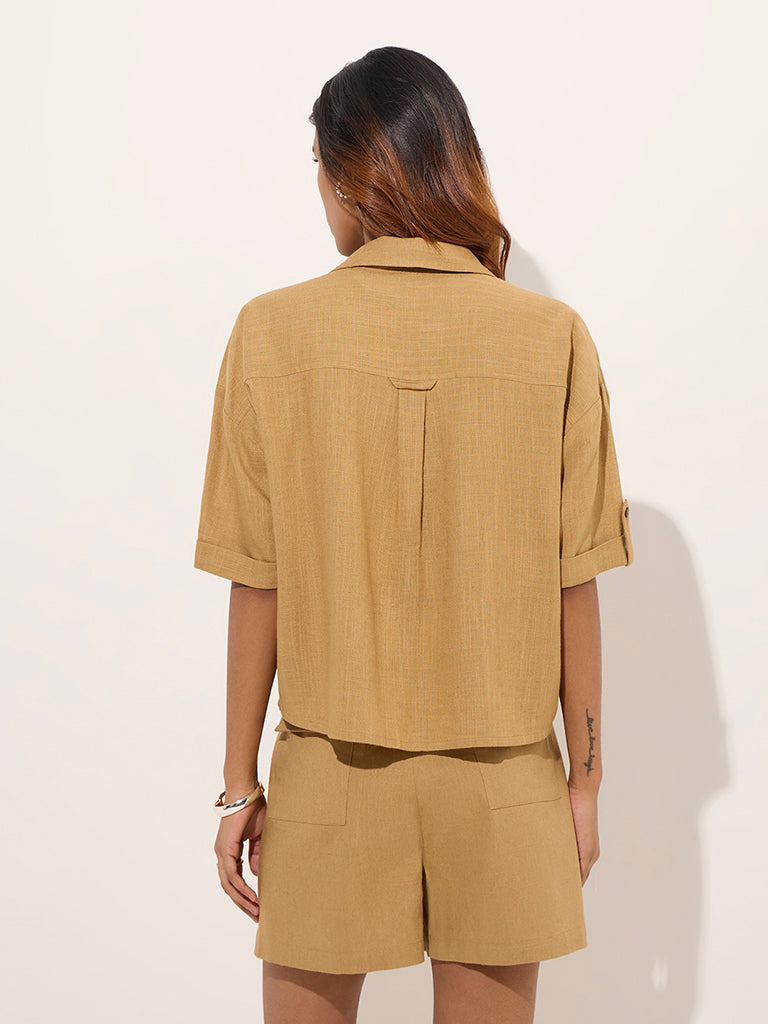Westside LOV Women's Mustard Solid Linen-Blend Shirt for Casual Wear Back View