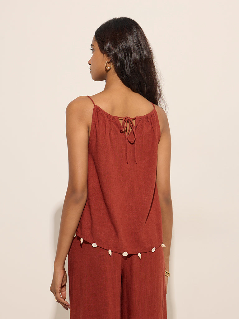 Westside LOV Women's Rust Wrap-Style Linen-Blend Top for Casual Wear Back View