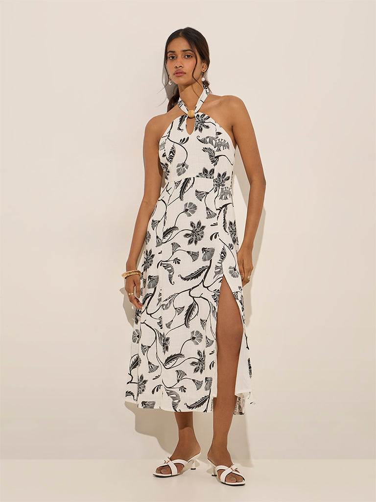 Buy LOV White Floral Design Linen-Blend A-Line Dress from Westside