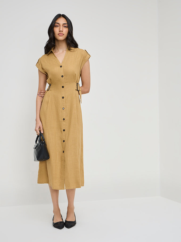 Buy LOV Mustard Solid Linen-Blend Shirt Dress from Westside