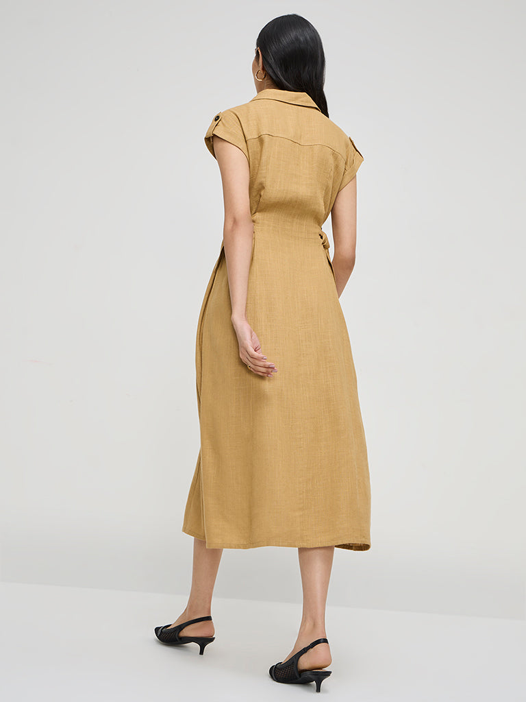 Westside LOV Women's Mustard Solid Linen-Blend Shirt Dress for Casual Wear Back View