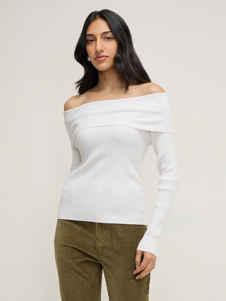 LOV White Ribbed Textured Off-Shoulder Top