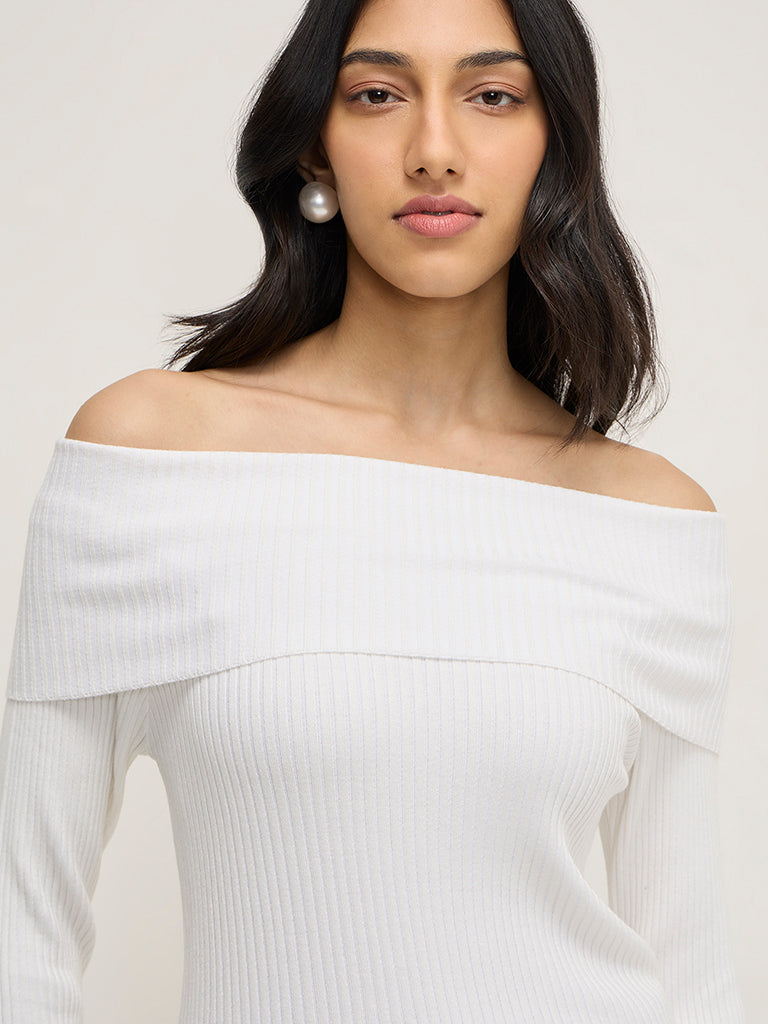 LOV White Ribbed Textured Off-Shoulder Top