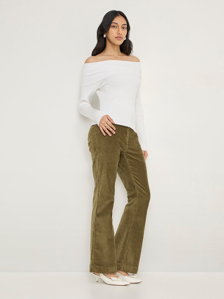 LOV White Ribbed Textured Off-Shoulder Top