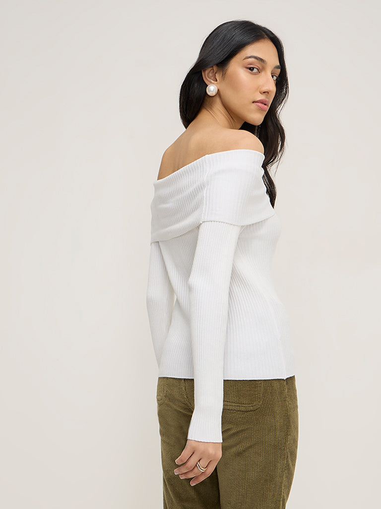 LOV White Ribbed Textured Off-Shoulder Top
