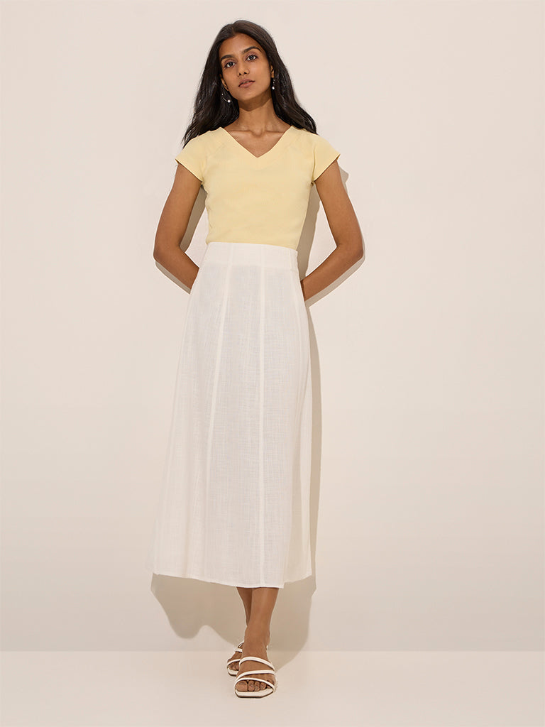 Midi Long Formal Skirt LOV White Solid Linen-Blend A-Line Skirt