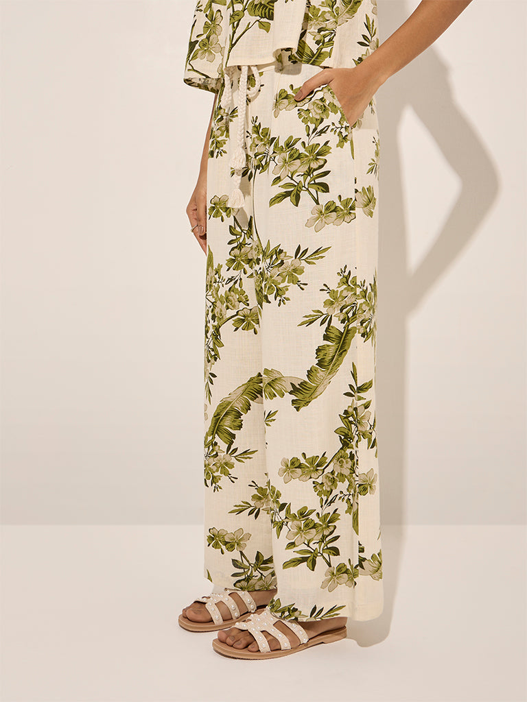 Westside LOV Women's Off-White Printed Mid-Rise Linen-Blend Pants for Casual Wear Casual Wear Back View