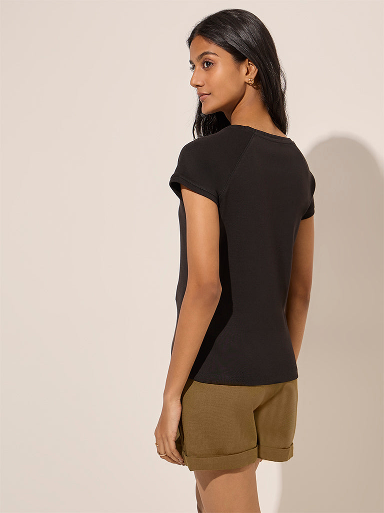 Westside LOV Women's Black Solid Cotton T-Shirt for Casual Wear Casual Wear Back View