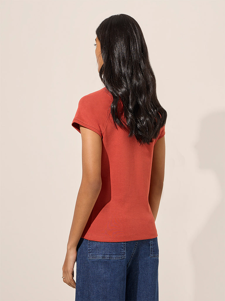 Westside LOV Women's Rust Solid Cotton T-Shirt for Casual Wear Casual Wear Back View