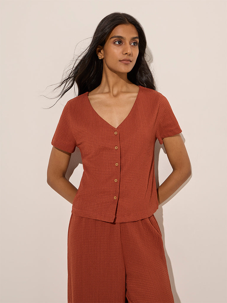 Westside LOV Women's Rust Textured Cotton-Blend Top for Casual Wear Front View