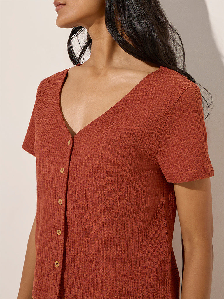 Westside LOV Women's Rust Textured Cotton-Blend Top for Casual Wear Zoomed View