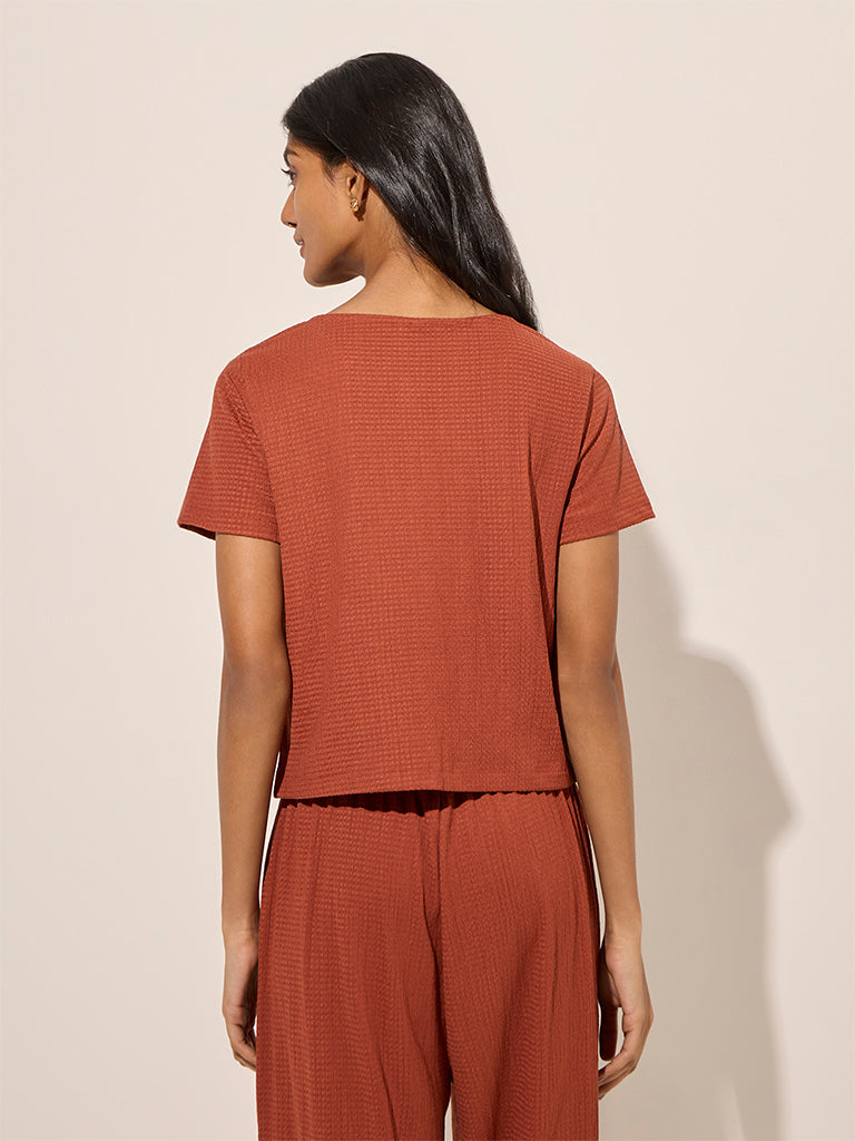 Westside LOV Women's Rust Textured Cotton-Blend Top for Casual Wear Back View