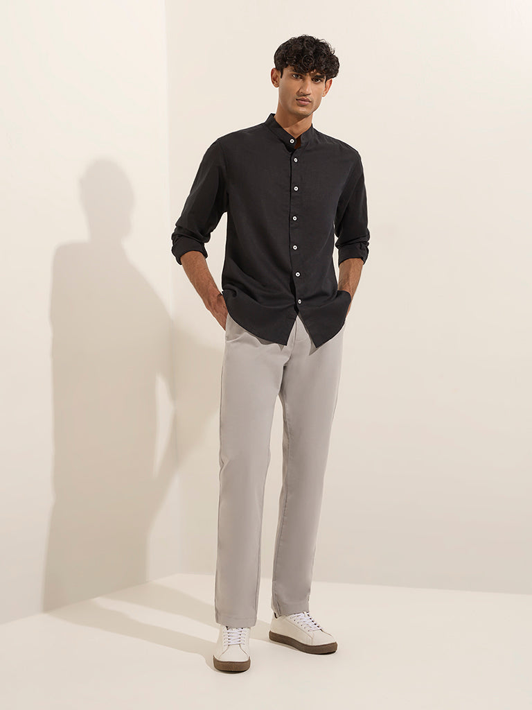 Westside Ascot Men's Black Solid Relaxed-Fit Linen-Blend Shirt for Casual Wear Full View
