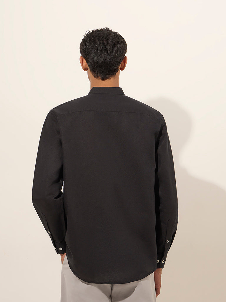 Westside Ascot Men's Black Solid Relaxed-Fit Linen-Blend Shirt for Casual Wear Back View