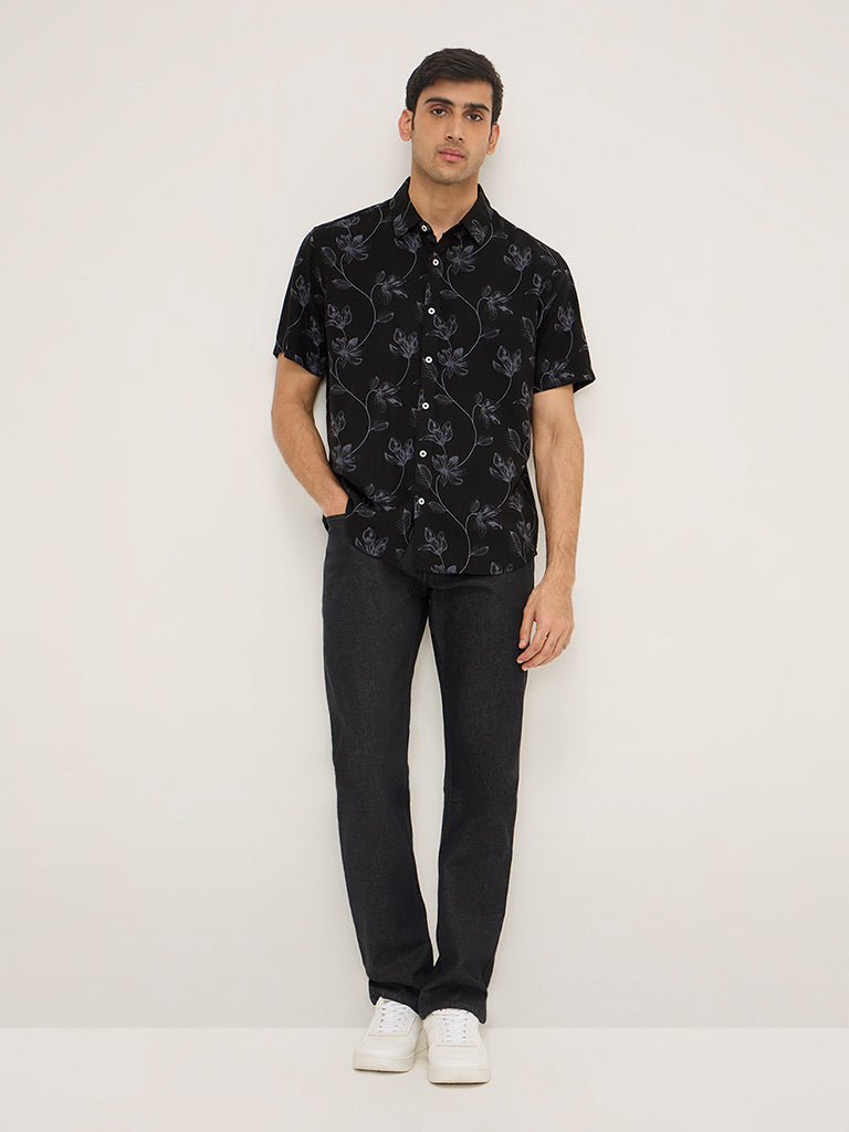 Ascot Black Foliage Printed Relaxed-Fit Shirt