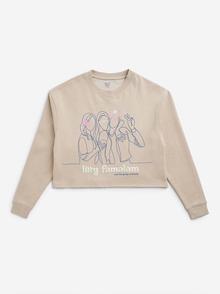 Y&F Kids Beige Text Print Cotton-Blend Sweatshirt