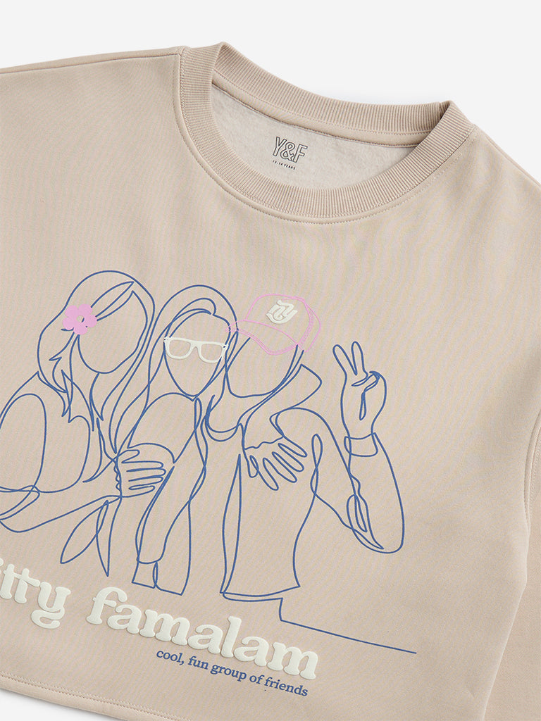 Westside Y&F Girl's Beige Text Print Cotton-Blend Sweatshirt for Winter Wear Zoomed View